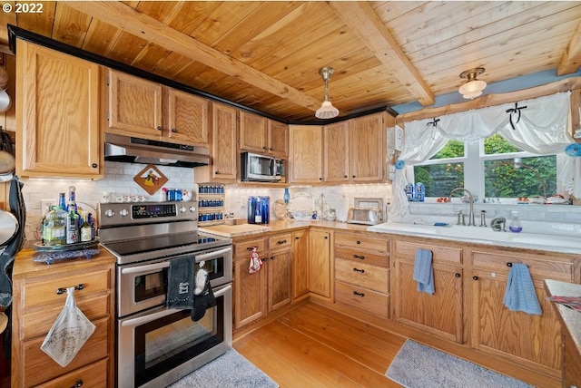 kitchen featuring beam ceiling, wooden ceiling, light hardwood / wood-style flooring, backsplash, and appliances with stainless steel finishes