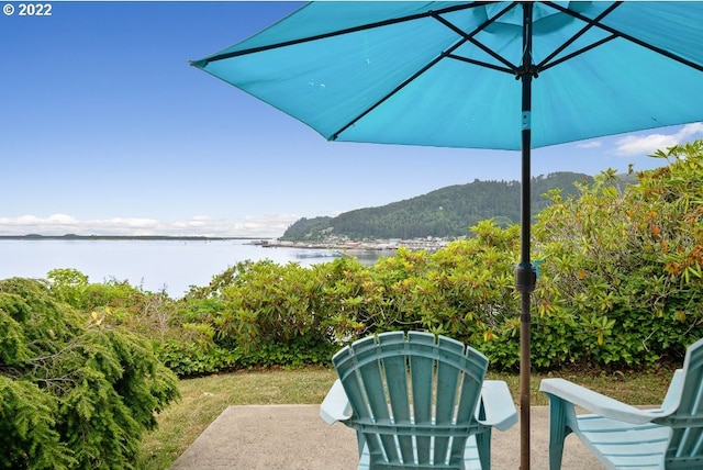 view of patio / terrace featuring a water and mountain view