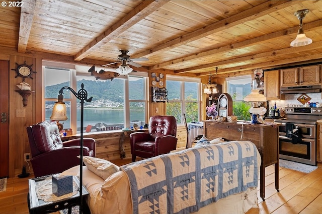 living room with beam ceiling, a water view, wooden ceiling, and light hardwood / wood-style flooring