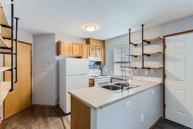 kitchen featuring white appliances, kitchen peninsula, sink, and light wood-type flooring