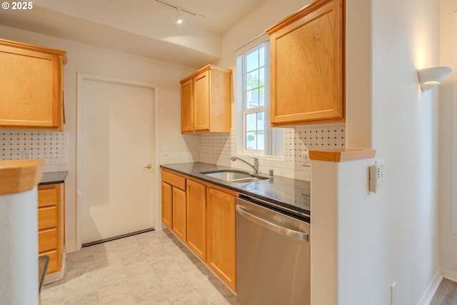 kitchen with tasteful backsplash, dishwasher, a sink, light brown cabinetry, and rail lighting