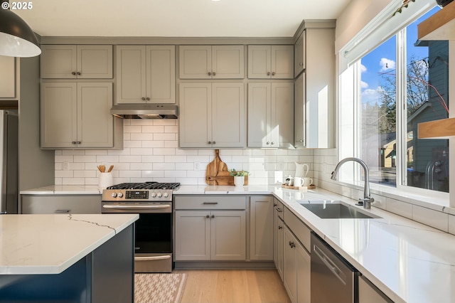 kitchen with light stone countertops, under cabinet range hood, a sink, appliances with stainless steel finishes, and decorative backsplash