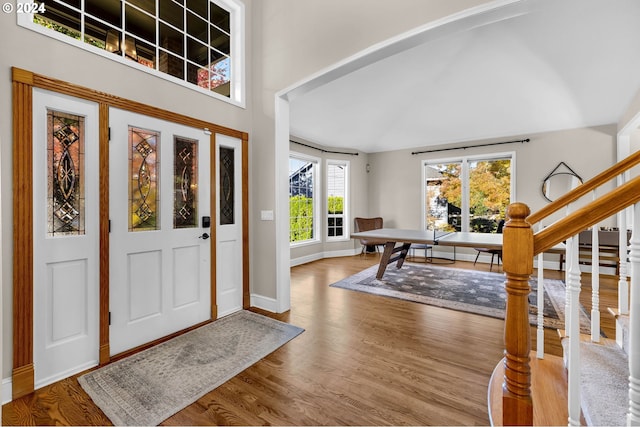 entryway with hardwood / wood-style flooring, a high ceiling, and a wealth of natural light