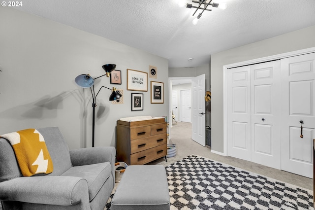 sitting room with light carpet and a textured ceiling