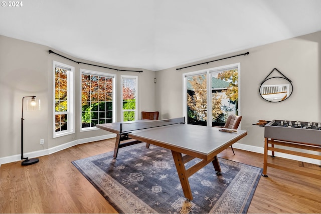 rec room with light hardwood / wood-style flooring and plenty of natural light