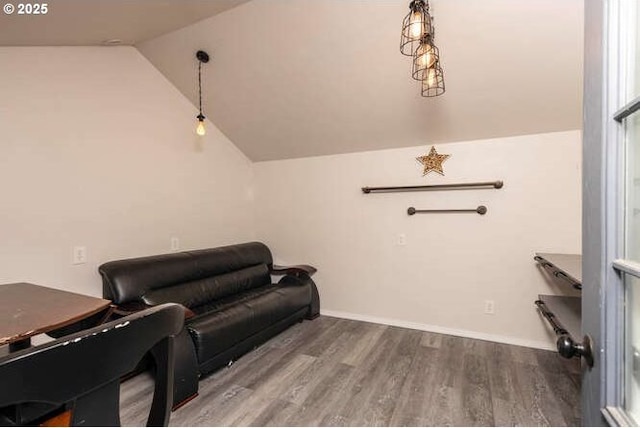 living area featuring hardwood / wood-style flooring and vaulted ceiling