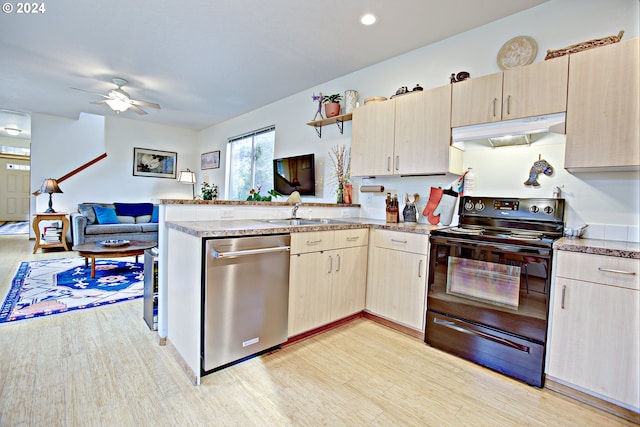 kitchen featuring kitchen peninsula, light brown cabinetry, light hardwood / wood-style flooring, black / electric stove, and dishwasher