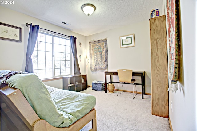 carpeted bedroom with a textured ceiling