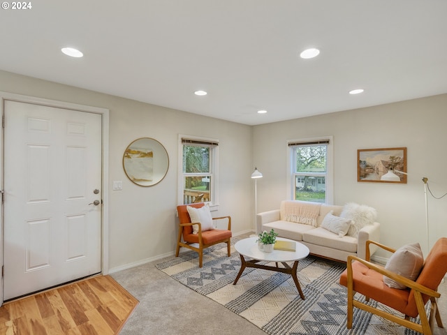 living room with light colored carpet