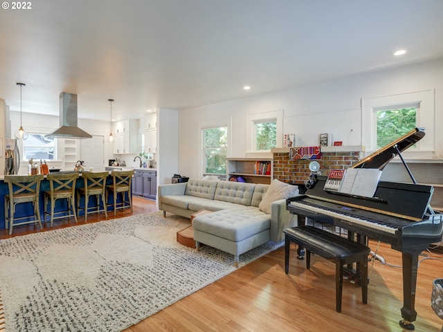 interior space with sink, a wealth of natural light, and light hardwood / wood-style flooring