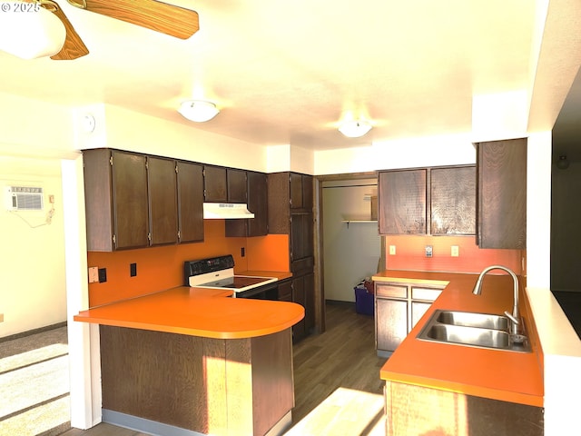 kitchen featuring dark brown cabinetry, sink, dark hardwood / wood-style flooring, kitchen peninsula, and electric stove