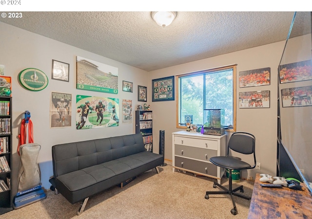 home office featuring a textured ceiling and light colored carpet