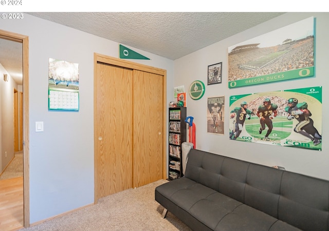 carpeted living room with a textured ceiling