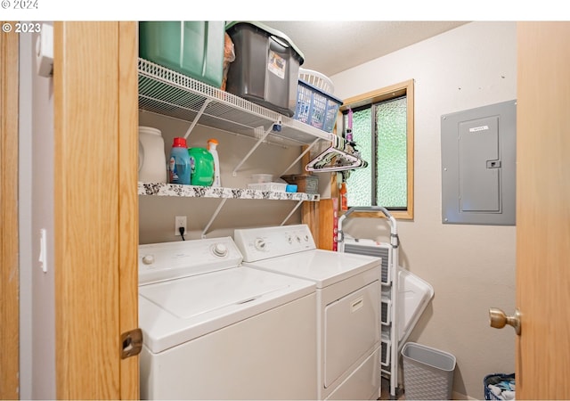 laundry room with electric panel and washing machine and dryer