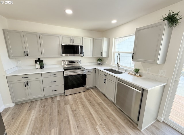 kitchen with stainless steel appliances, a sink, light countertops, light wood-type flooring, and gray cabinets