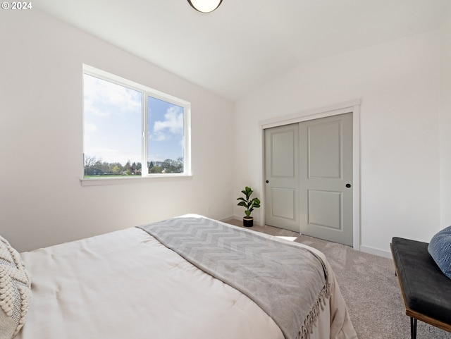 carpeted bedroom with lofted ceiling and a closet