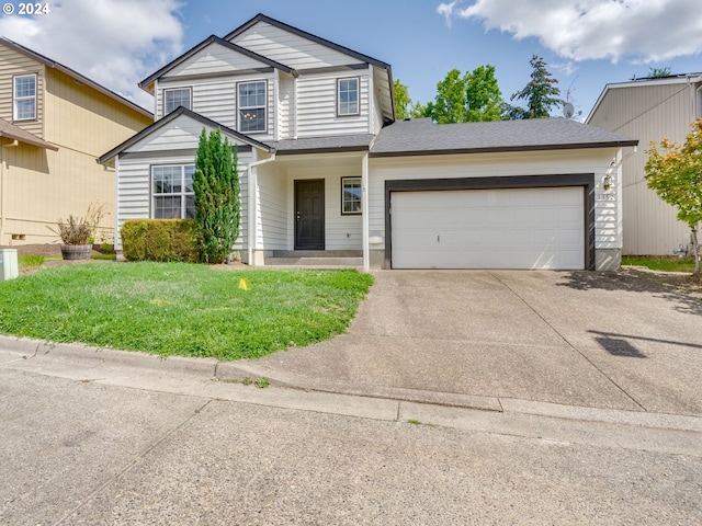 traditional-style house with an attached garage, concrete driveway, a front yard, and a shingled roof