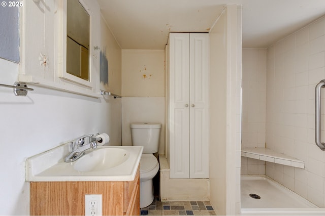 bathroom with toilet, vanity, and a shower