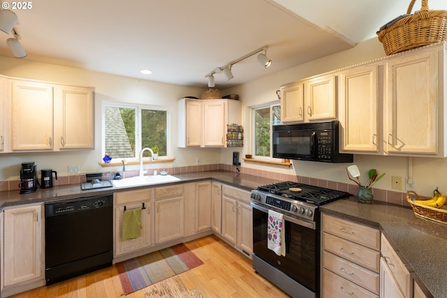 kitchen featuring black appliances, light wood-style flooring, a wealth of natural light, and a sink