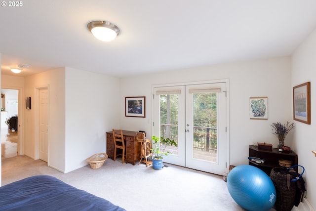 bedroom featuring french doors, carpet, and access to exterior