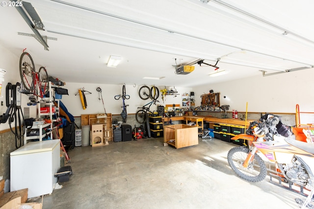 garage featuring a workshop area and a garage door opener