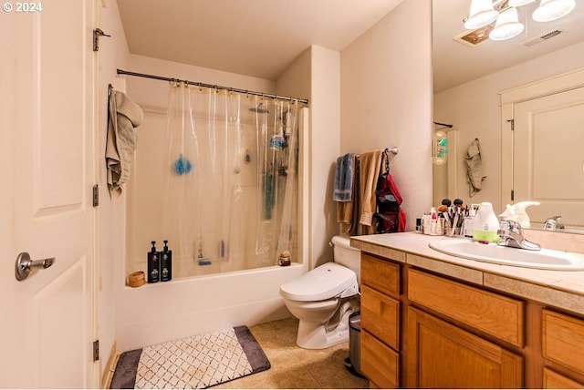 full bathroom with vanity, toilet, and shower / bath combination with curtain