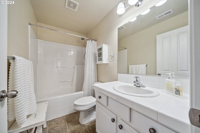 full bathroom with toilet, vanity, and shower / bath combination with curtain