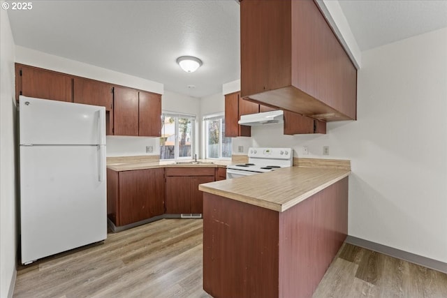 2427 SW 218th Dr, Beaverton, OR 97003 - kitchen with white appliances, a sink, light wood-type flooring, a peninsula, and under cabinet range hood