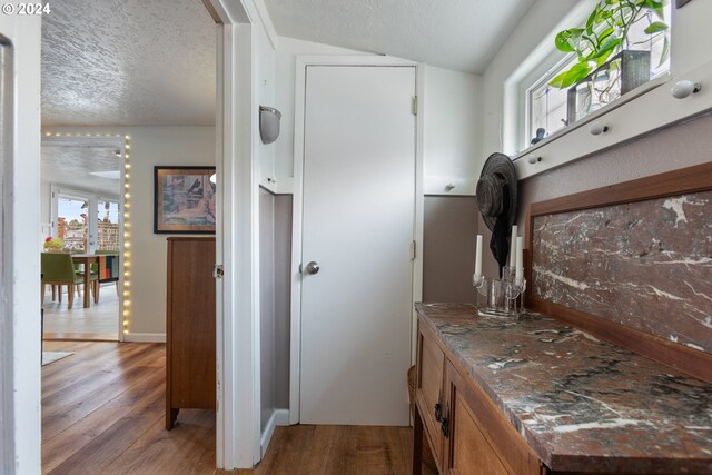 bathroom with a wealth of natural light, wood-type flooring, a textured ceiling, and vaulted ceiling