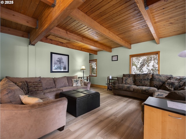 living room with plenty of natural light, light wood-type flooring, and wooden ceiling