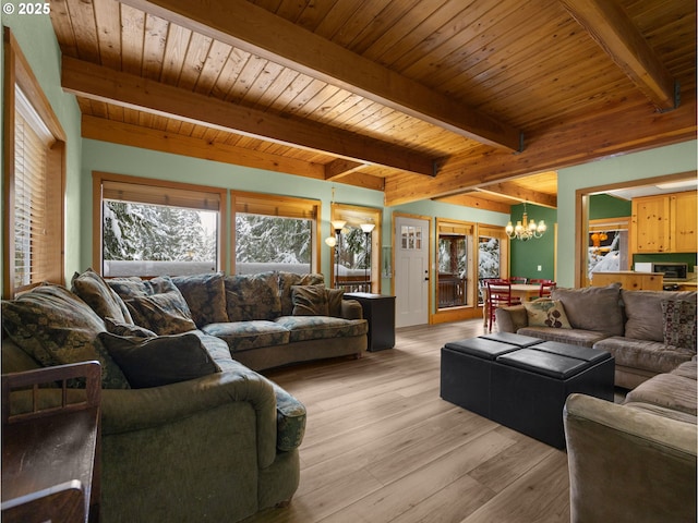 living room with beam ceiling, a chandelier, light hardwood / wood-style floors, and wooden ceiling