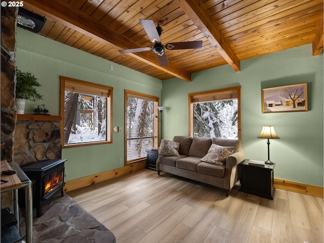 living room with light hardwood / wood-style flooring, wooden ceiling, beamed ceiling, and a wood stove