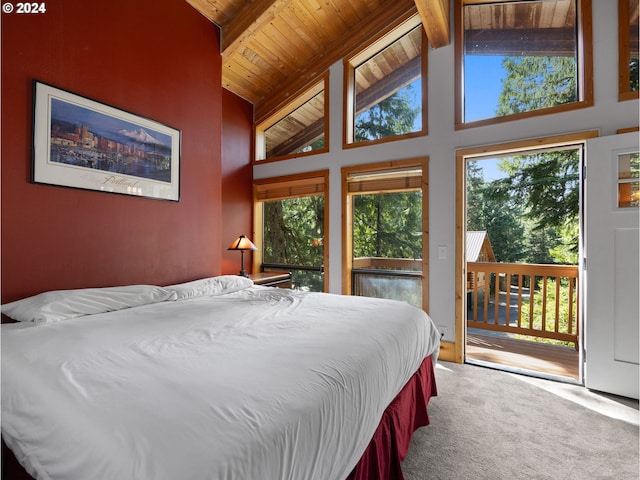 bedroom with high vaulted ceiling, beamed ceiling, carpet flooring, access to outside, and wooden ceiling