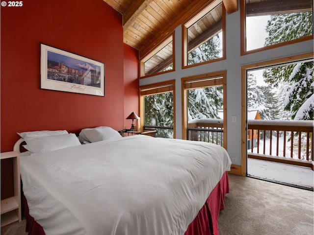 bedroom with high vaulted ceiling, beamed ceiling, carpet, access to outside, and wood ceiling