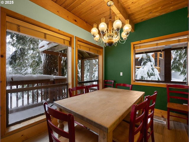 88940 E Round Mountain Loop, Government Camp, OR 97028 - dining area with wood ceiling with exposed beams, plenty of natural light, a chandelier, and wood finished floors