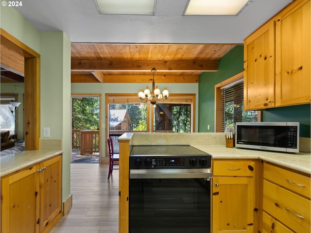 kitchen with decorative light fixtures, beamed ceiling, electric range, light hardwood / wood-style floors, and an inviting chandelier