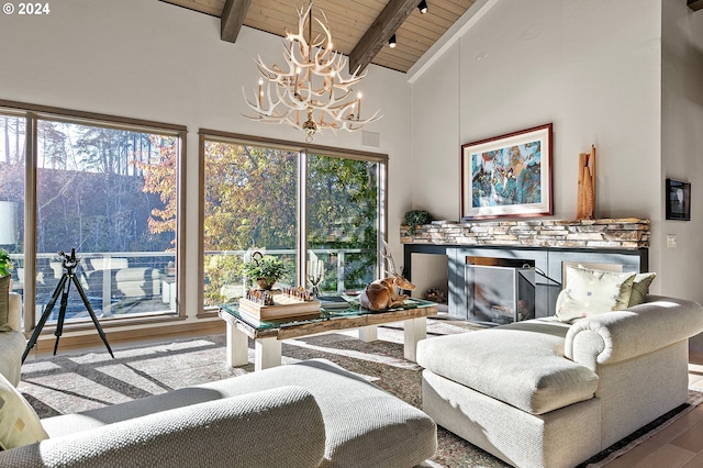 interior space with a healthy amount of sunlight, hardwood / wood-style floors, high vaulted ceiling, and wood ceiling