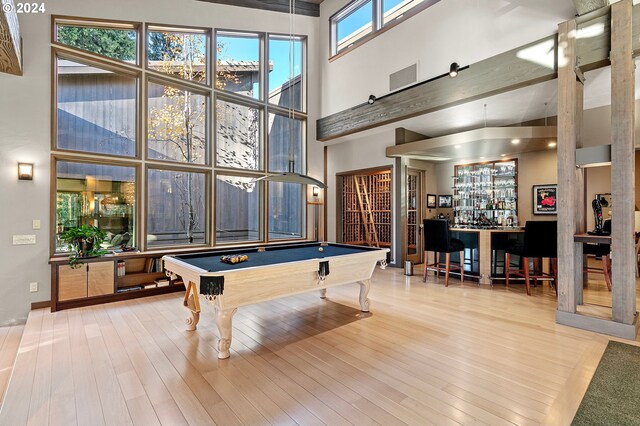 45650/45646 Mckenzie Hwy, Vida, OR 97488 - rec room with a towering ceiling, billiards table, and wood finished floors