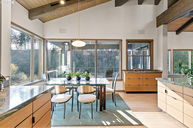 sunroom / solarium with vaulted ceiling with beams, plenty of natural light, and wood ceiling