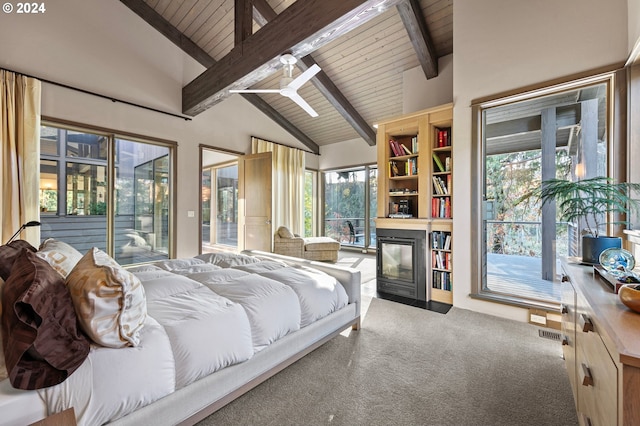 carpeted bedroom with beam ceiling, wood ceiling, and high vaulted ceiling