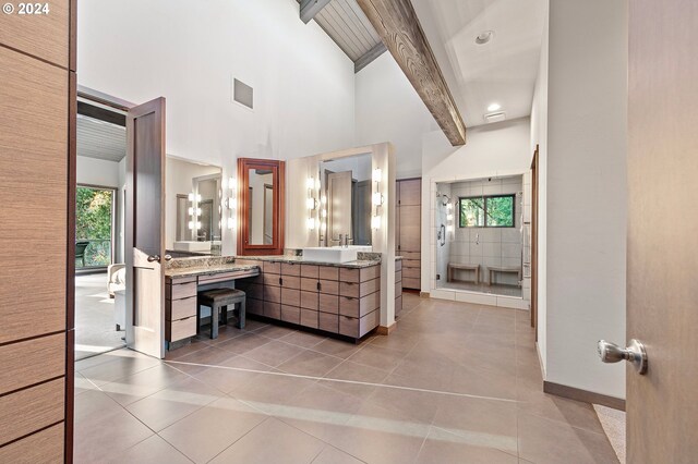 45650/45646 Mckenzie Hwy, Vida, OR 97488 - bathroom featuring vanity, beamed ceiling, tile patterned flooring, high vaulted ceiling, and baseboards
