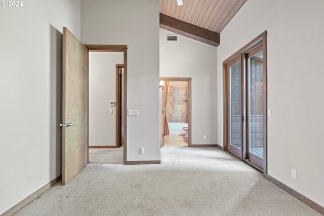 45650/45646 Mckenzie Hwy, Vida, OR 97488 - unfurnished bedroom featuring carpet floors, access to exterior, wooden ceiling, baseboards, and ensuite bathroom