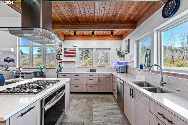 45650/45646 Mckenzie Hwy, Vida, OR 97488 - kitchen with appliances with stainless steel finishes, island range hood, a sink, wooden ceiling with exposed beams, and light countertops