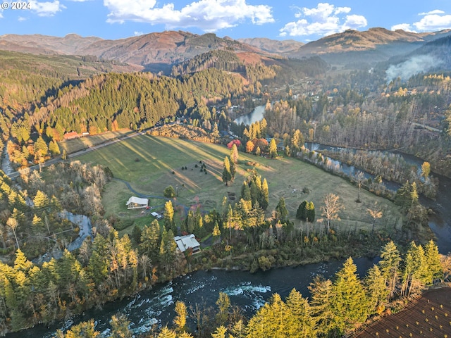 bird's eye view with a water and mountain view