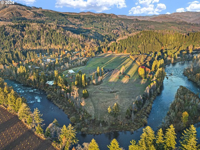 45650/45646 Mckenzie Hwy, Vida, OR 97488 - aerial view of property and surrounding area with a water and mountain view, a forest, and rural landscape