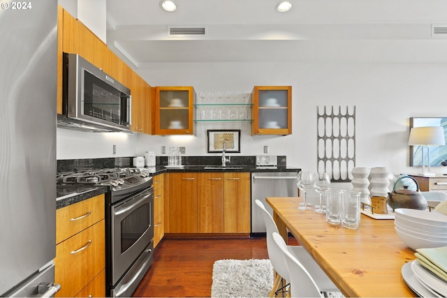 kitchen featuring appliances with stainless steel finishes, dark hardwood / wood-style flooring, and sink