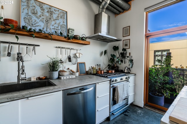 kitchen featuring stainless steel appliances, exhaust hood, and sink