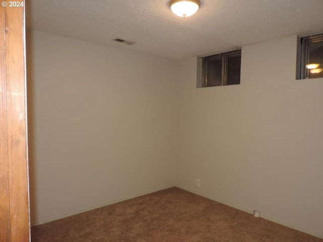 spare room featuring carpet flooring and a textured ceiling