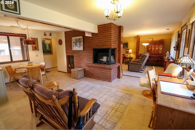 tiled living room featuring a notable chandelier and a fireplace