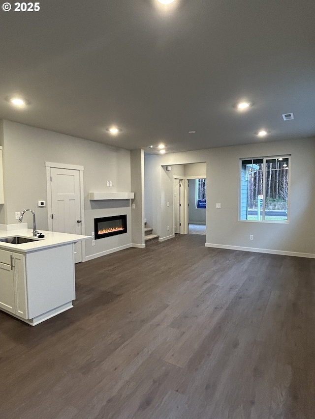 unfurnished living room with dark hardwood / wood-style floors and sink